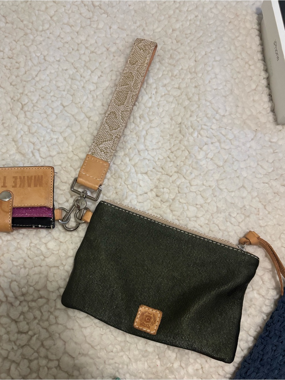Consuela Olive Canvas Wristlet with Tan Leather Trim & Patterned Strap